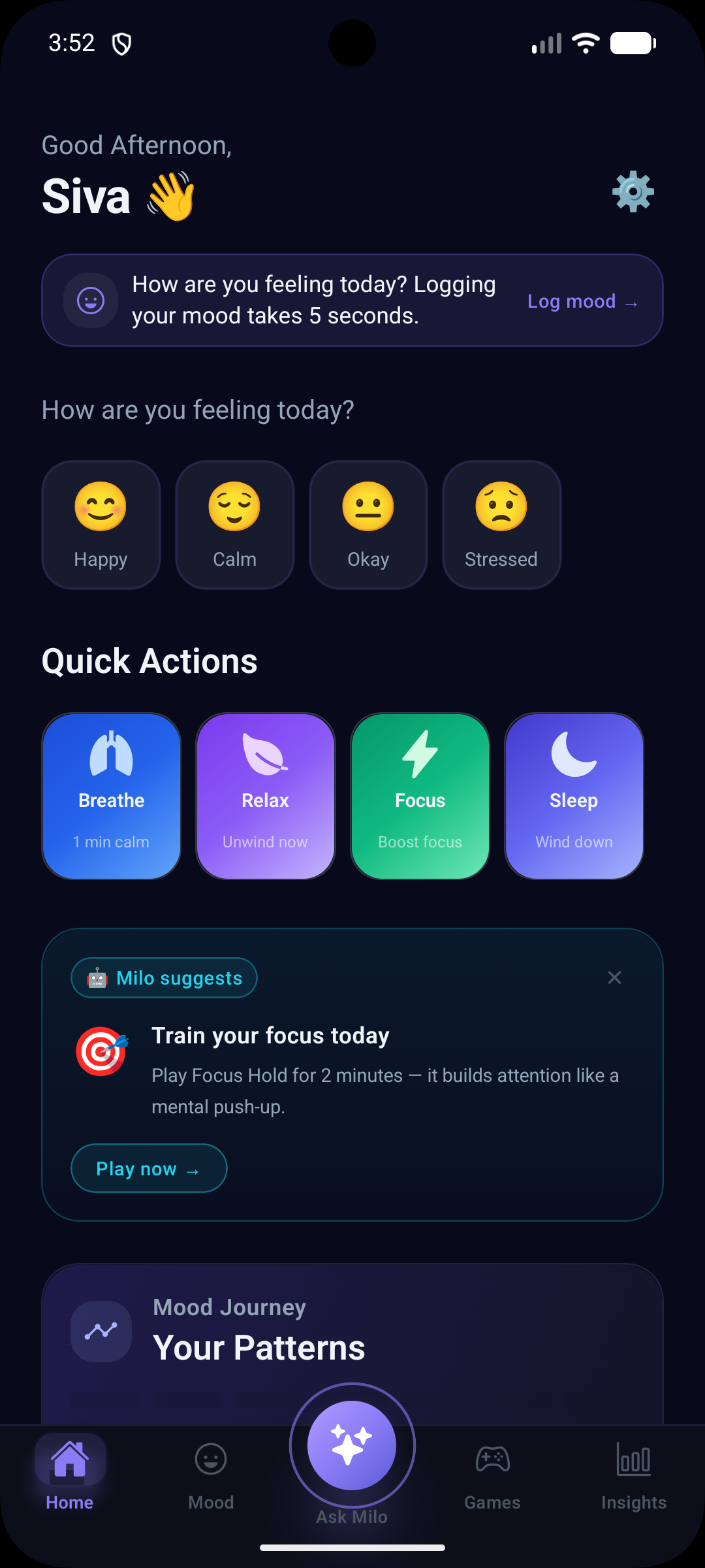 CalmPilot AI home screen showing mood check-in and quick actions
