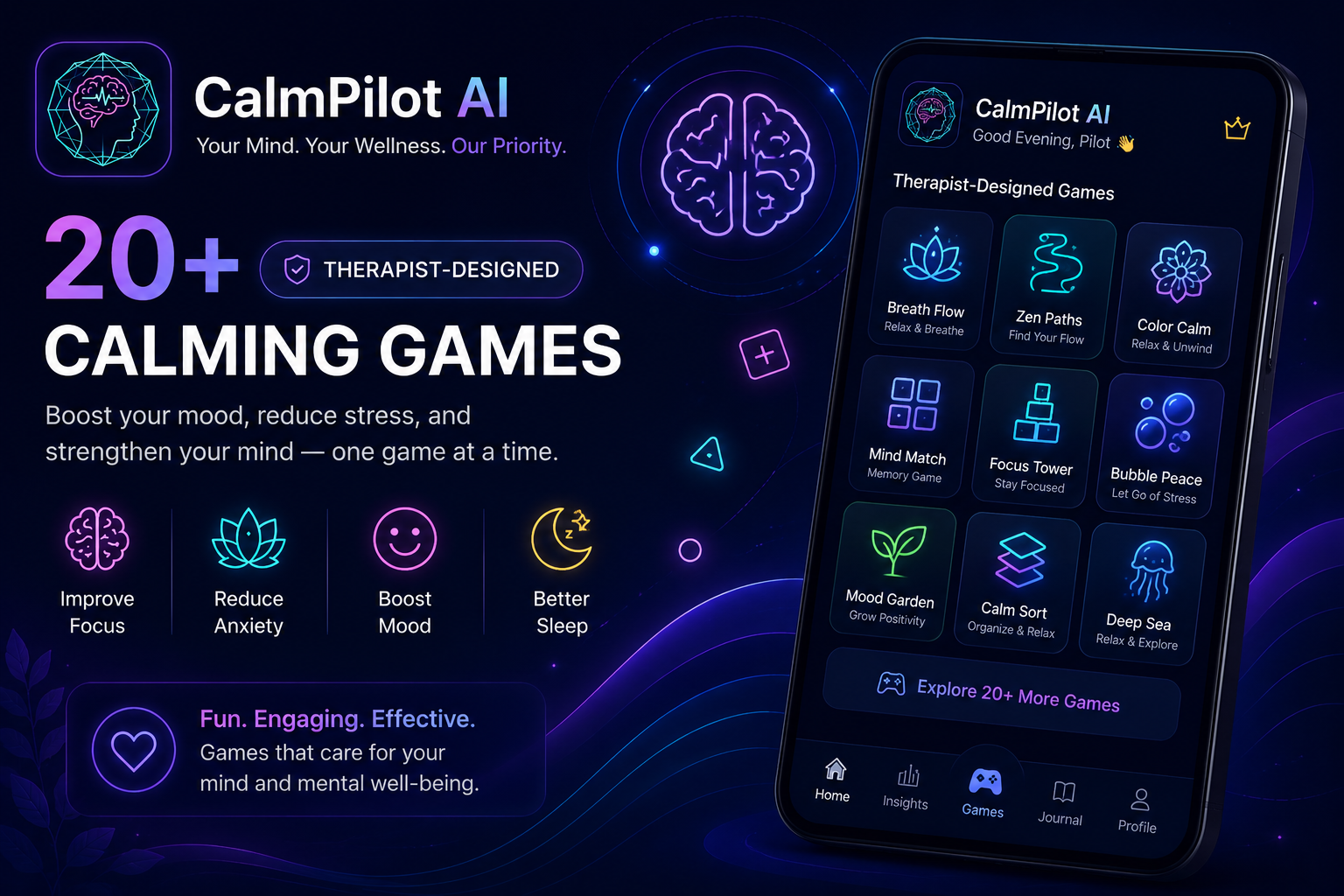 CalmPilot AI brain training games — cognitive fitness exercises