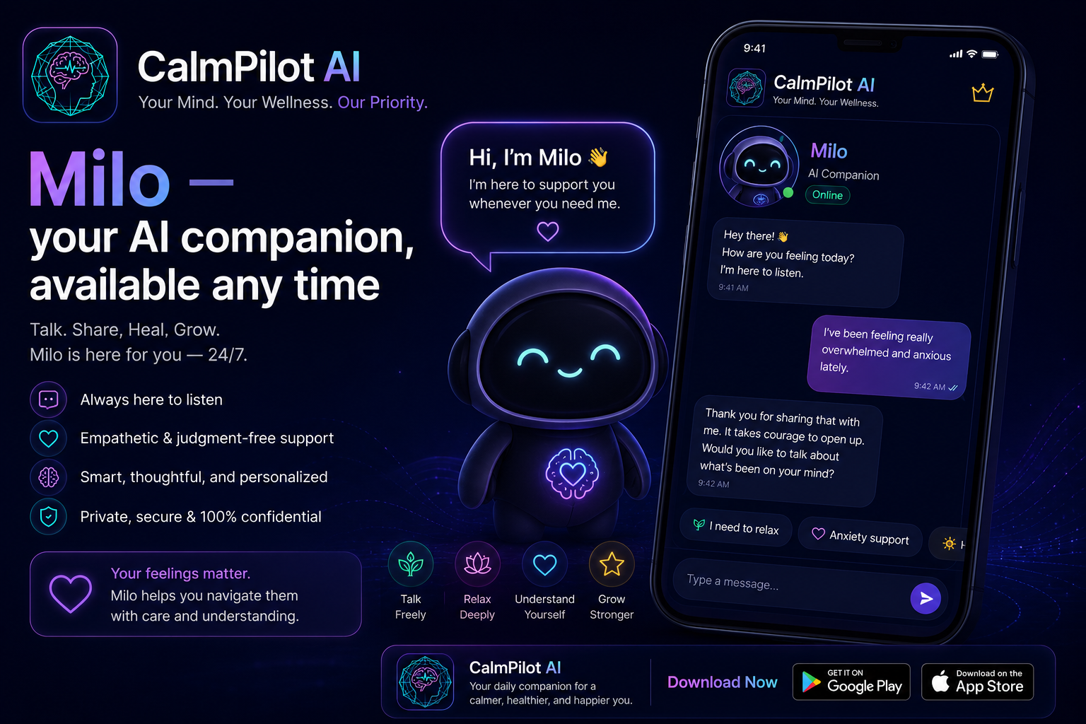 Milo AI companion — ACT-based emotional processing and thought defusion support