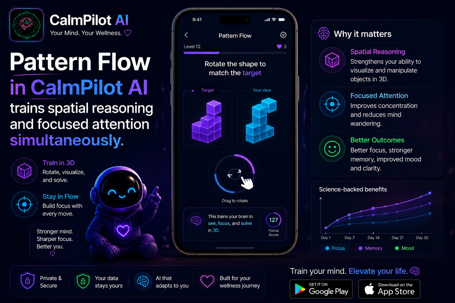 CalmPilot AI Pattern Flow — mental rotation brain training game
