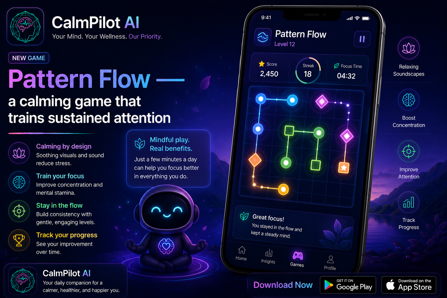 CalmPilot AI Pattern Flow — working memory and attention training