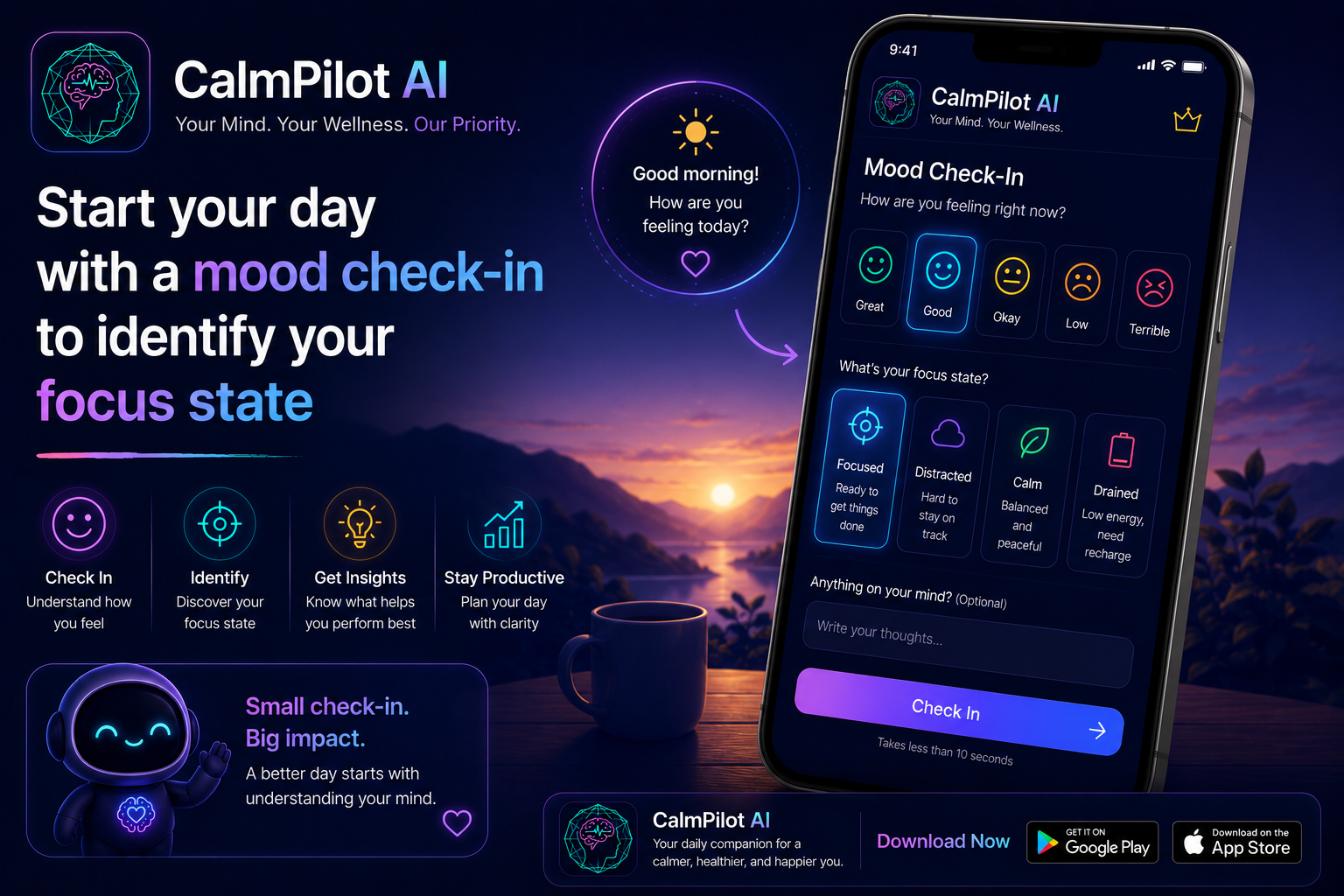 CalmPilot AI mood tracker — track emotional patterns for ACT practice