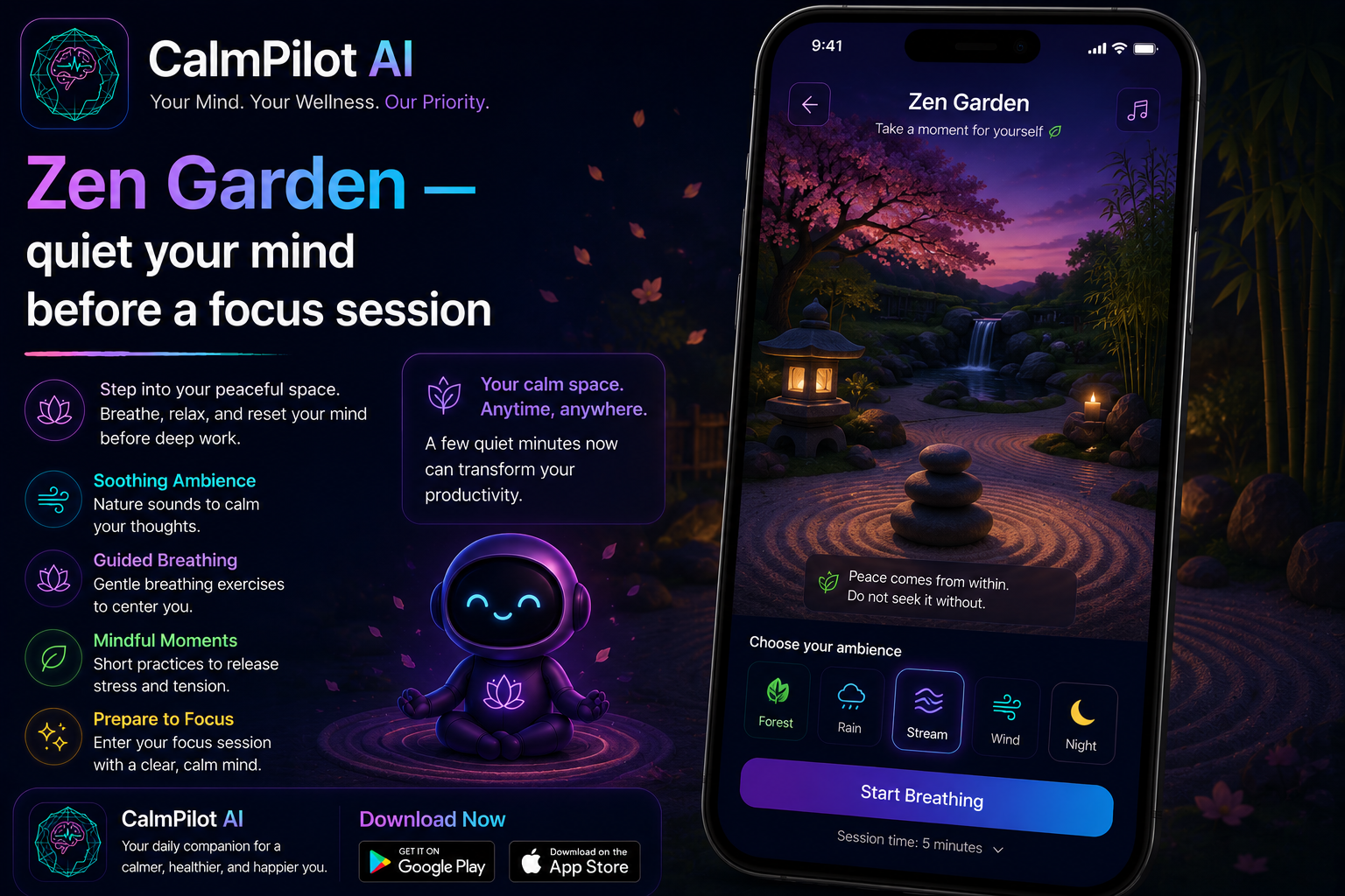 CalmPilot AI Zen Garden — mindful space for ACT thought defusion practice