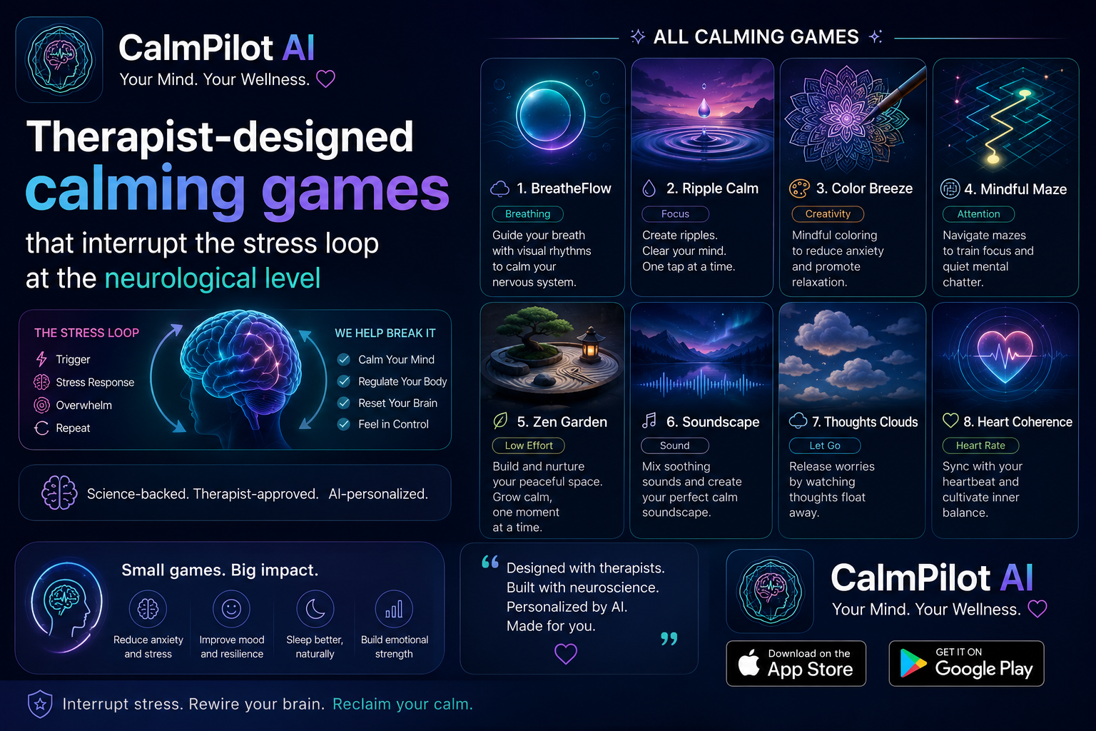 CalmPilot AI calming games — therapist-designed stress relief games