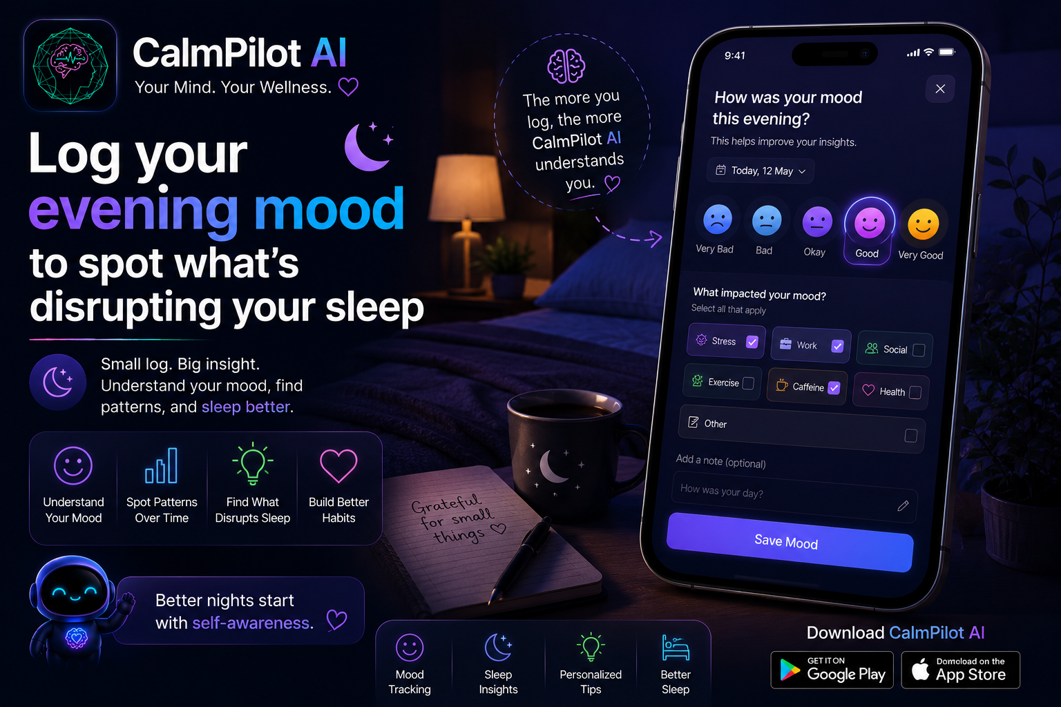 CalmPilot AI mood tracker — track evening mood