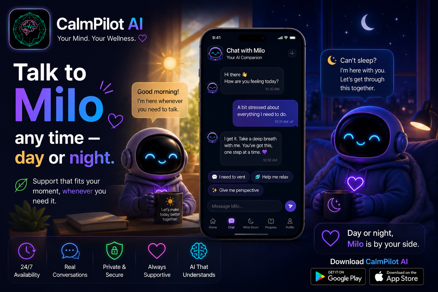 Milo AI companion in CalmPilot AI — AI for stress management and emotional support