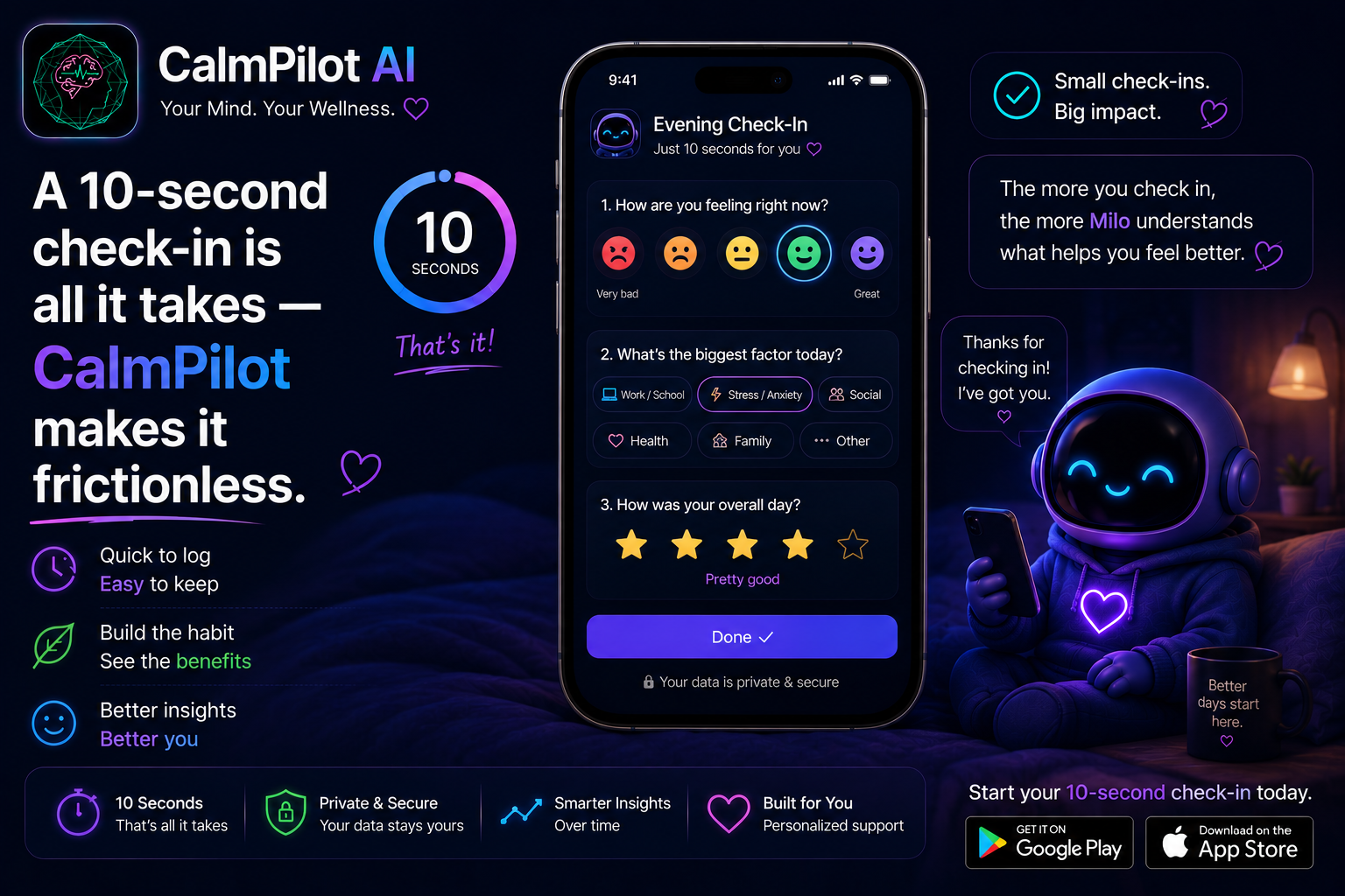 CalmPilot AI mood check-in — track emotional patterns daily
