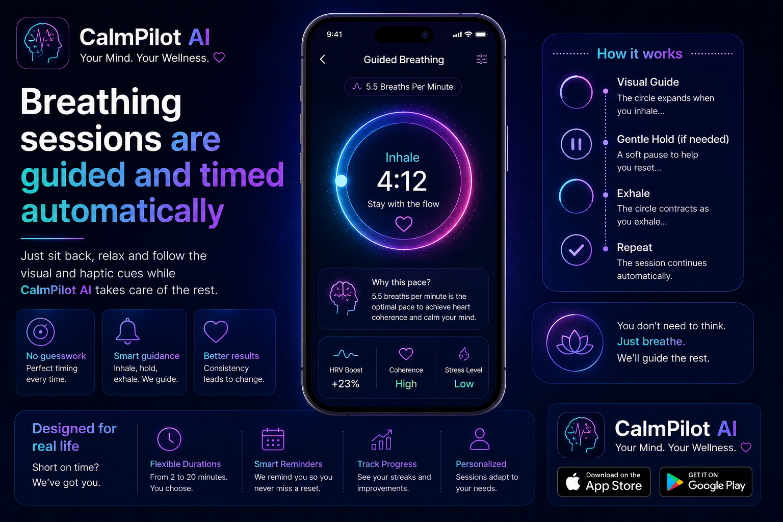 CalmPilot AI breathing guide on home screen